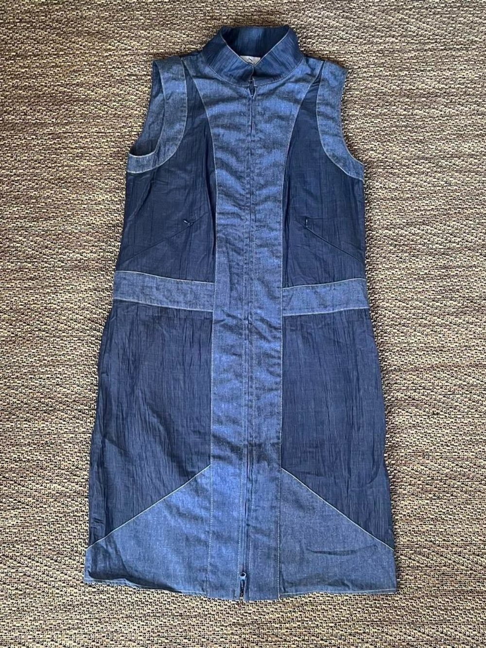 Designer Snider XS Blue Solid Denim Sleeveless Collared Zip Front A-Line Dress